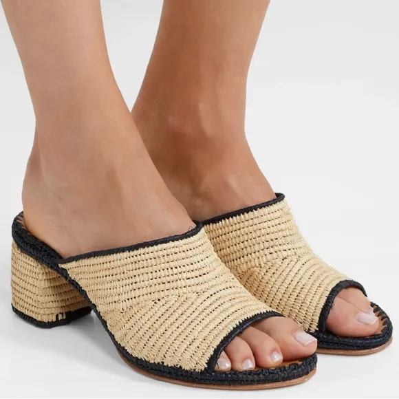 Carrie Forbes Rama Two Tone Woven Raffia Mules Block Heel Sandals EU 39 US 9