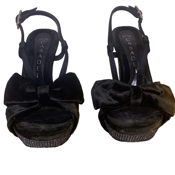 CASADEI BLACK WITH MULTI-COLOR SEQUIN HEELS VELVET BOW PLATFORM SHOES (35.5)