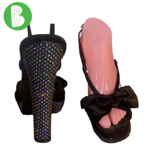 CASADEI BLACK WITH MULTI-COLOR SEQUIN HEELS VELVET BOW PLATFORM SHOES (35.5)