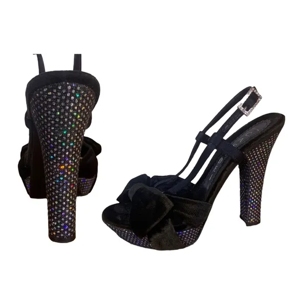 CASADEI BLACK WITH MULTI-COLOR SEQUIN HEELS VELVET BOW PLATFORM SHOES (35.5)