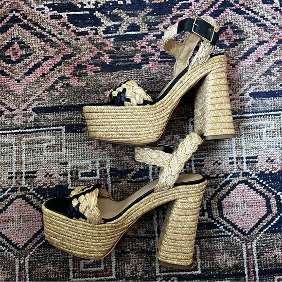 Castaner Agnes Natural &amp; Black Woven Raffia  Tall Sandals Platform Heels 39 US 8