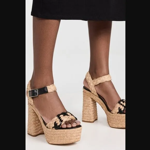 Castaner Agnes Natural &amp; Black Woven Raffia  Tall Sandals Platform Heels 39 US 8