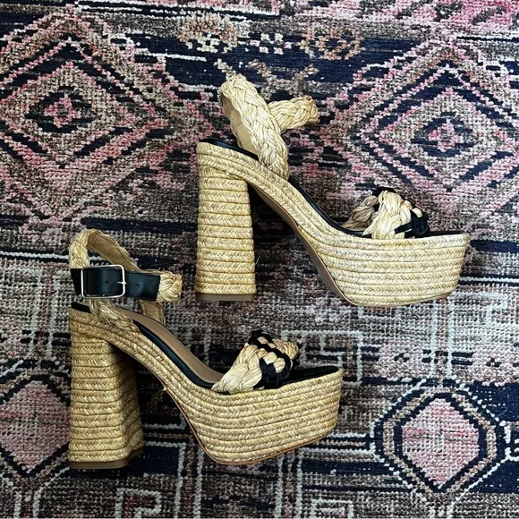 Castaner Agnes Natural &amp; Black Woven Raffia  Tall Sandals Platform Heels 39 US 8