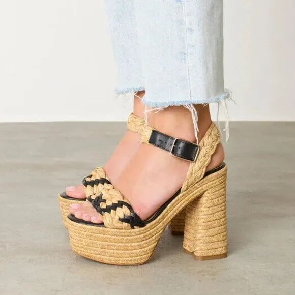 Castaner Agnes Natural &amp; Black Woven Raffia  Tall Sandals Platform Heels 39 US 8