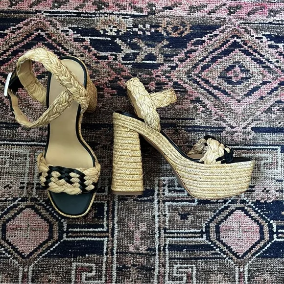 Castaner Agnes Natural &amp; Black Woven Raffia  Tall Sandals Platform Heels 39 US 8