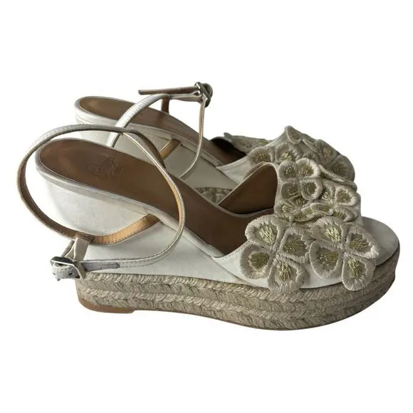 Castaner Satin Floral Motif Espadrille Wedge Sandals White Size 8
