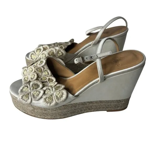 Castaner Satin Floral Motif Espadrille Wedge Sandals White Size 8