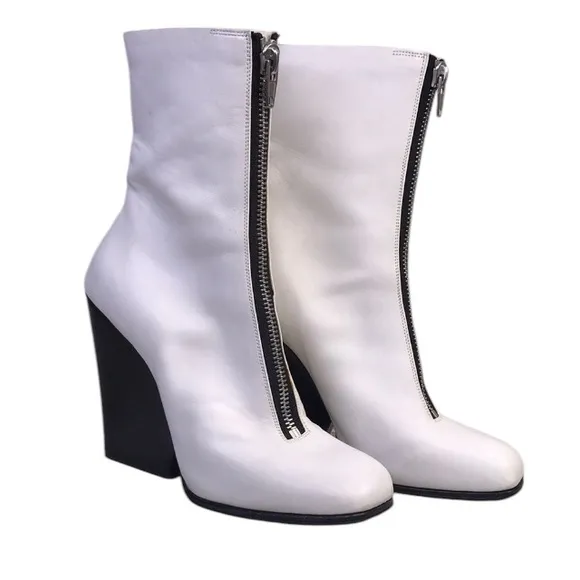 Celine Paris women’s White Leather Front Zipper Wedge High Fashion Ankle Boots38