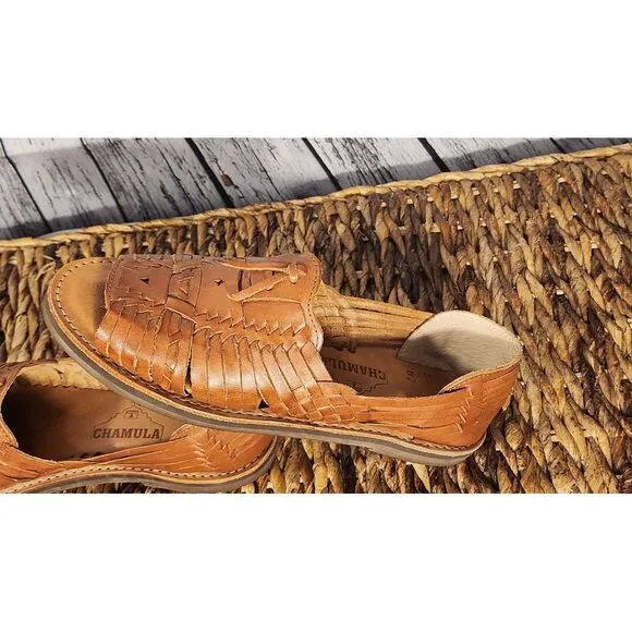 Chamula‎ Uxmal Women's Cancun Tan 2 Woven Huarache Sandal Flat Slip-On NWOT