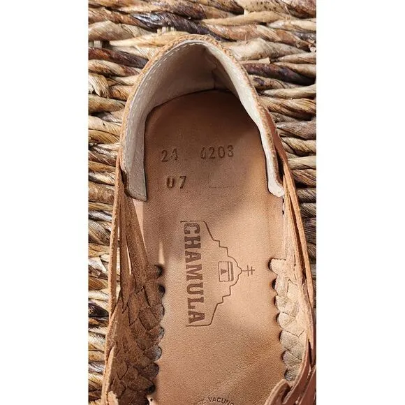 Chamula‎ Uxmal Women's Cancun Tan 2 Woven Huarache Sandal Flat Slip-On NWOT