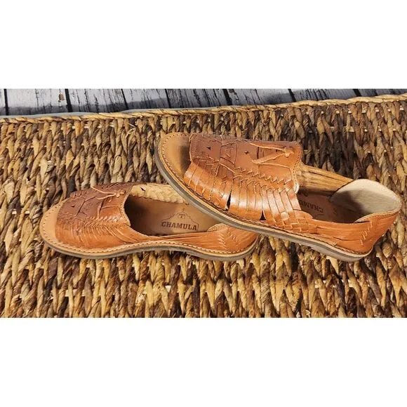 Chamula‎ Uxmal Women's Cancun Tan 2 Woven Huarache Sandal Flat Slip-On NWOT