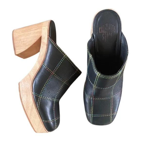 Charlotte Stone Celeste Heels Black Leather Wood Heel Clogs Rainbow Stitch NWOT