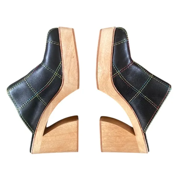 Charlotte Stone Celeste Heels Black Leather Wood Heel Clogs Rainbow Stitch NWOT