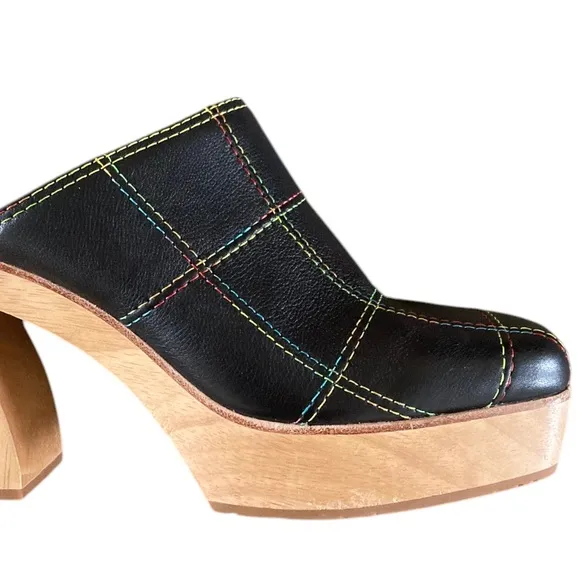 Charlotte Stone Celeste Heels Black Leather Wood Heel Clogs Rainbow Stitch NWOT