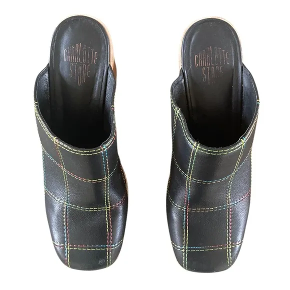 Charlotte Stone Celeste Heels Black Leather Wood Heel Clogs Rainbow Stitch NWOT