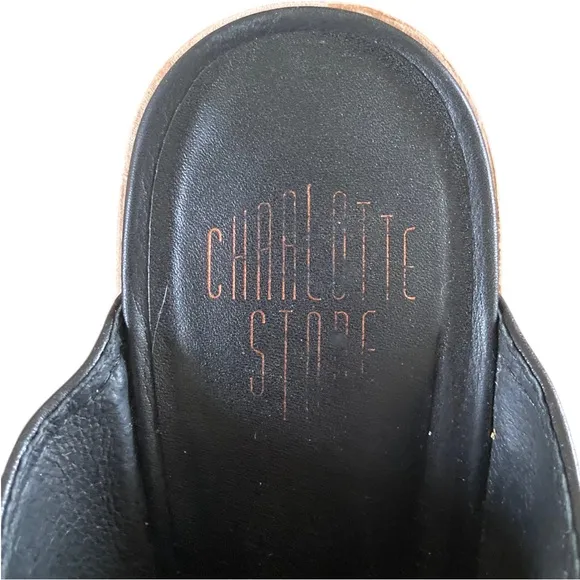 Charlotte Stone Celeste Heels Black Leather Wood Heel Clogs Rainbow Stitch NWOT