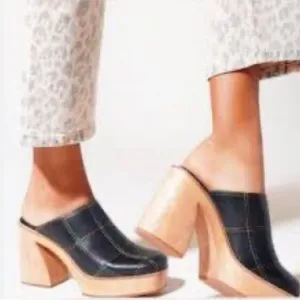 Charlotte Stone Celeste Heels Black Leather Wood Heel Clogs Rainbow Stitch NWOT