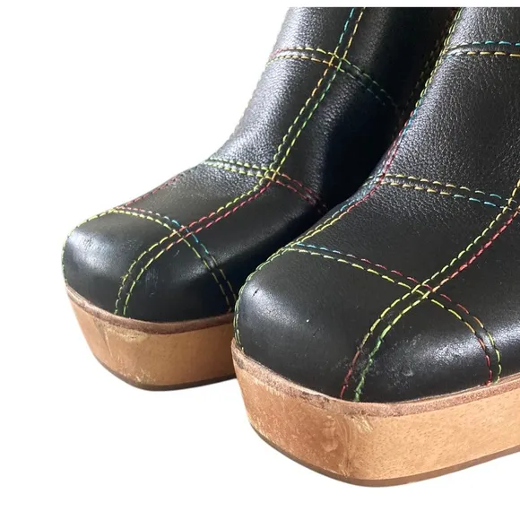 Charlotte Stone Celeste Heels Black Leather Wood Heel Clogs Rainbow Stitch NWOT