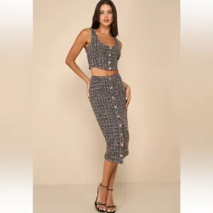 Charming Icon Black Tweed LurexButton-Front Midi Skirt and top