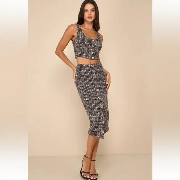 Charming Icon Black Tweed LurexButton-Front Midi Skirt and top