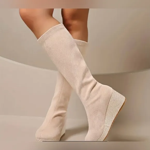 Chic Beige Knee-High Wedge Boots