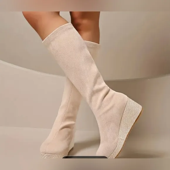 Chic Beige Knee-High Wedge Boots
