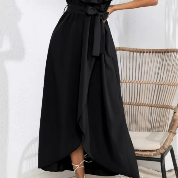 Chic Cascade Tied Midi Dress - Black