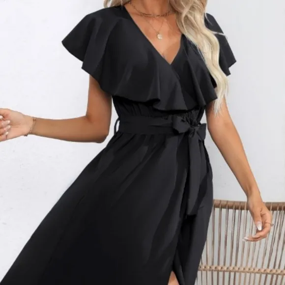 Chic Cascade Tied Midi Dress - Black