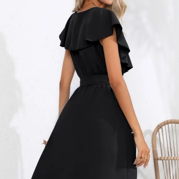Chic Cascade Tied Midi Dress - Black