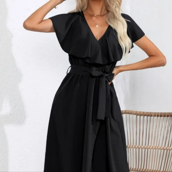 Chic Cascade Tied Midi Dress - Black