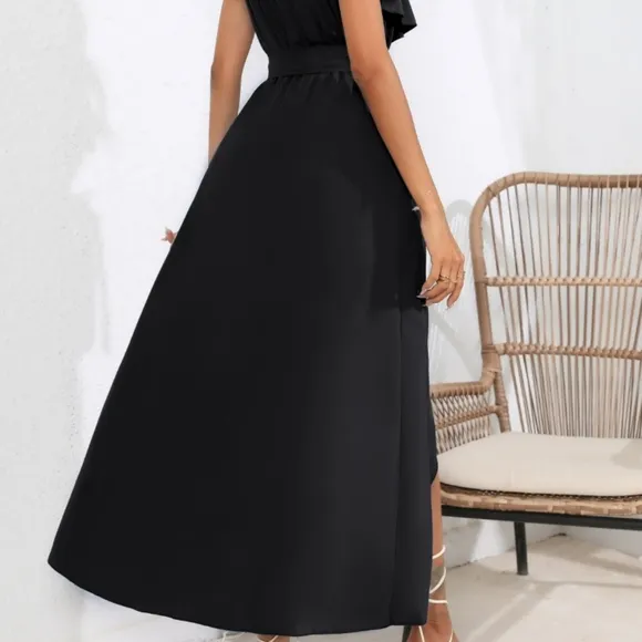Chic Cascade Tied Midi Dress - Black
