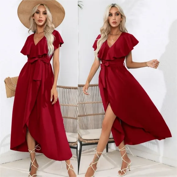Chic Cascade Tied Midi Dress - Wine