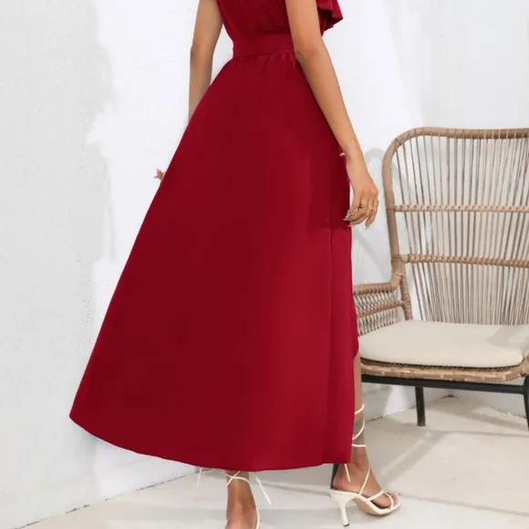 Chic Cascade Tied Midi Dress - Wine