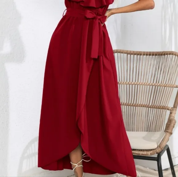 Chic Cascade Tied Midi Dress - Wine