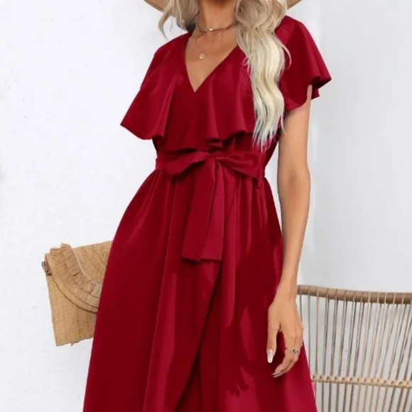 Chic Cascade Tied Midi Dress - Wine