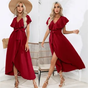 Chic Cascade Tied Midi Dress - Wine
