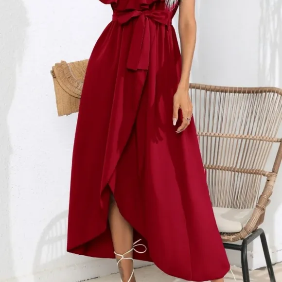 Chic Cascade Tied Midi Dress - Wine