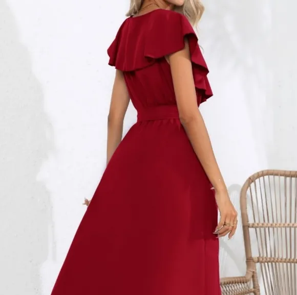 Chic Cascade Tied Midi Dress - Wine
