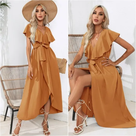 Chic Cascade Tied Midi Dress - Wine