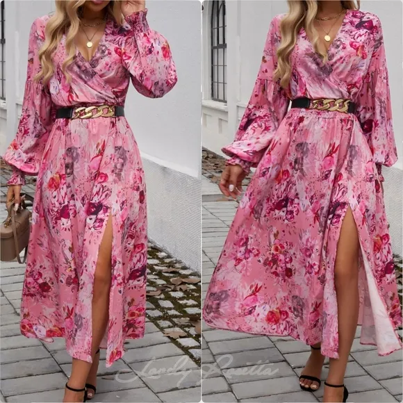 Chic Split Printed Surplice Midi Dress with Long Sleeves