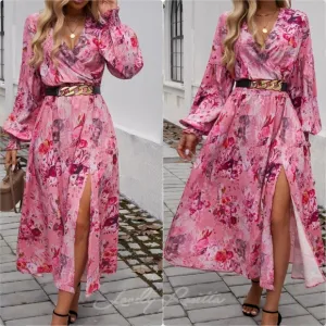 Chic Split Printed Surplice Midi Dress with Long Sleeves