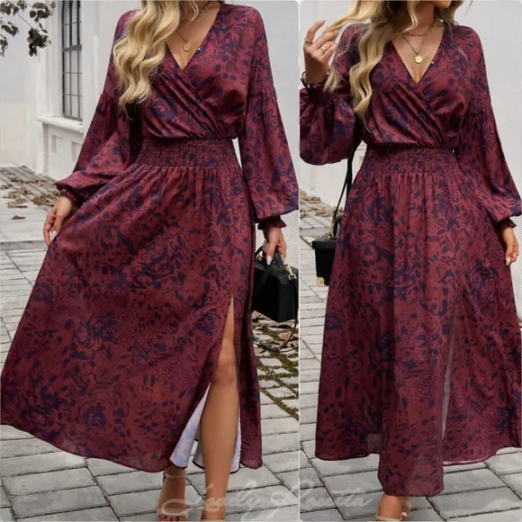 Chic Split Printed Surplice Midi Dress with Long Sleeves