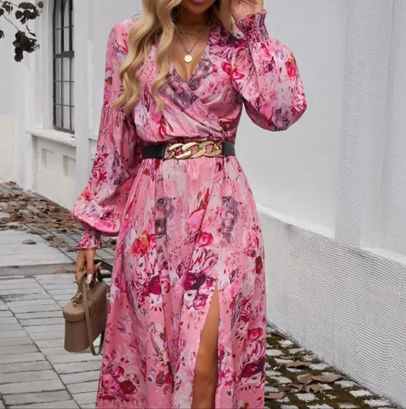 Chic Split Printed Surplice Midi Dress with Long Sleeves