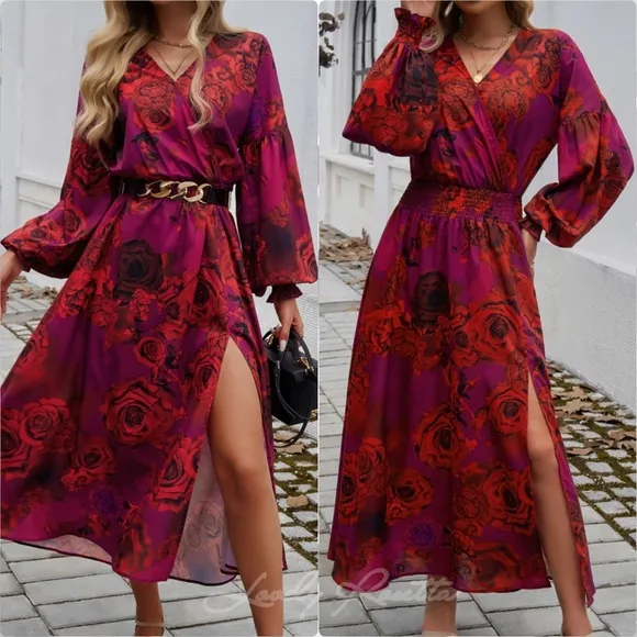 Chic Split Printed Surplice Midi Dress with Long Sleeves