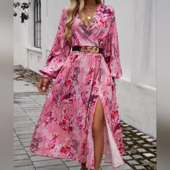 Chic Split Printed Surplice Midi Dress with Long Sleeves