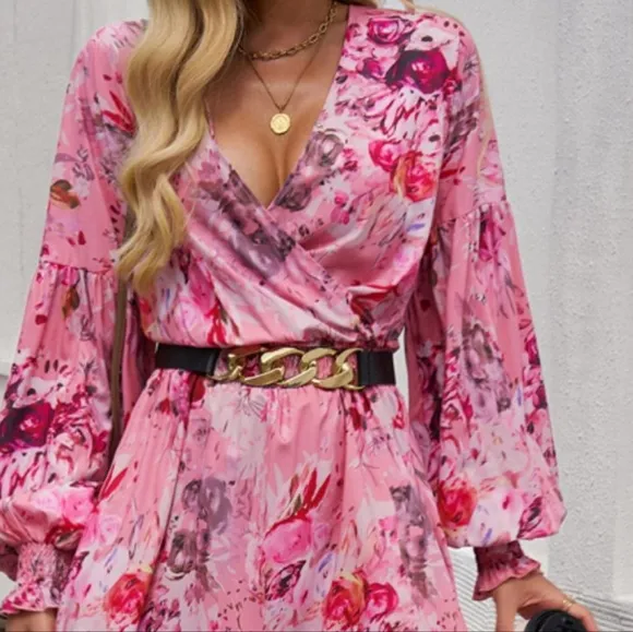 Chic Split Printed Surplice Midi Dress with Long Sleeves