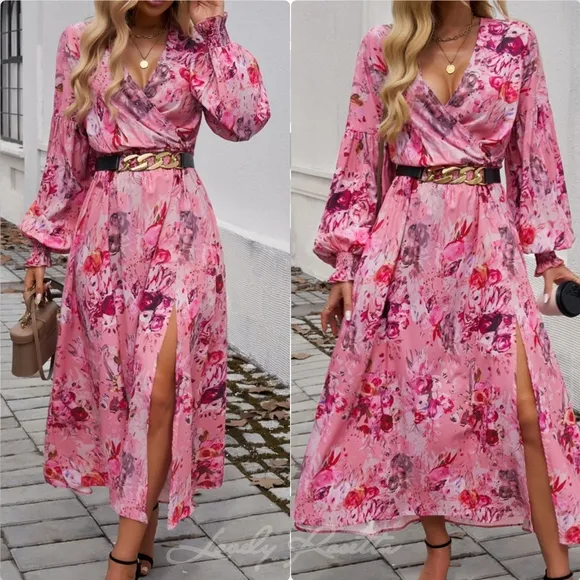 Chic Split Printed Surplice Midi Dress with Long Sleeves