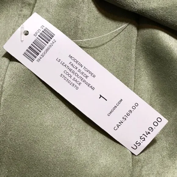 Chico's Cool Sage Stretch Faux Suede Modern Topper