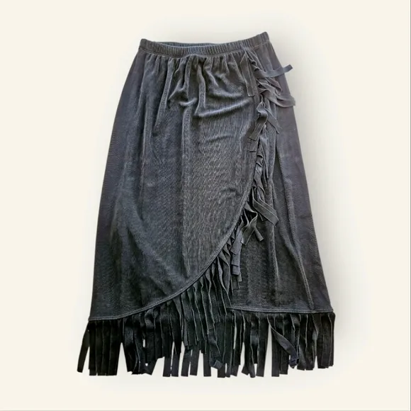Chico's Travelers Slinky Wrinkle Free Fringe Faux Wrap Midi Skirt in Black S/4