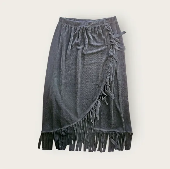 Chico's Travelers Slinky Wrinkle Free Fringe Faux Wrap Midi Skirt in Black S/4
